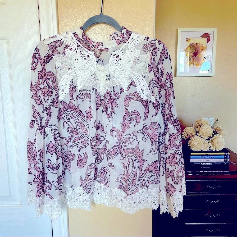 LOFT Paisley & Lace High Neck Blouse Size XS